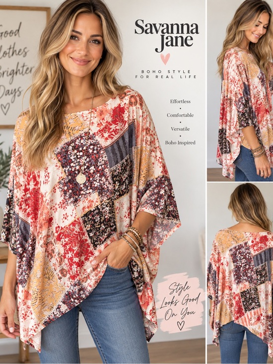 Savanna Jane Tops - Savanna Jane Women's Patchwork Boho Tunic Top - Red, Yellow, Brown